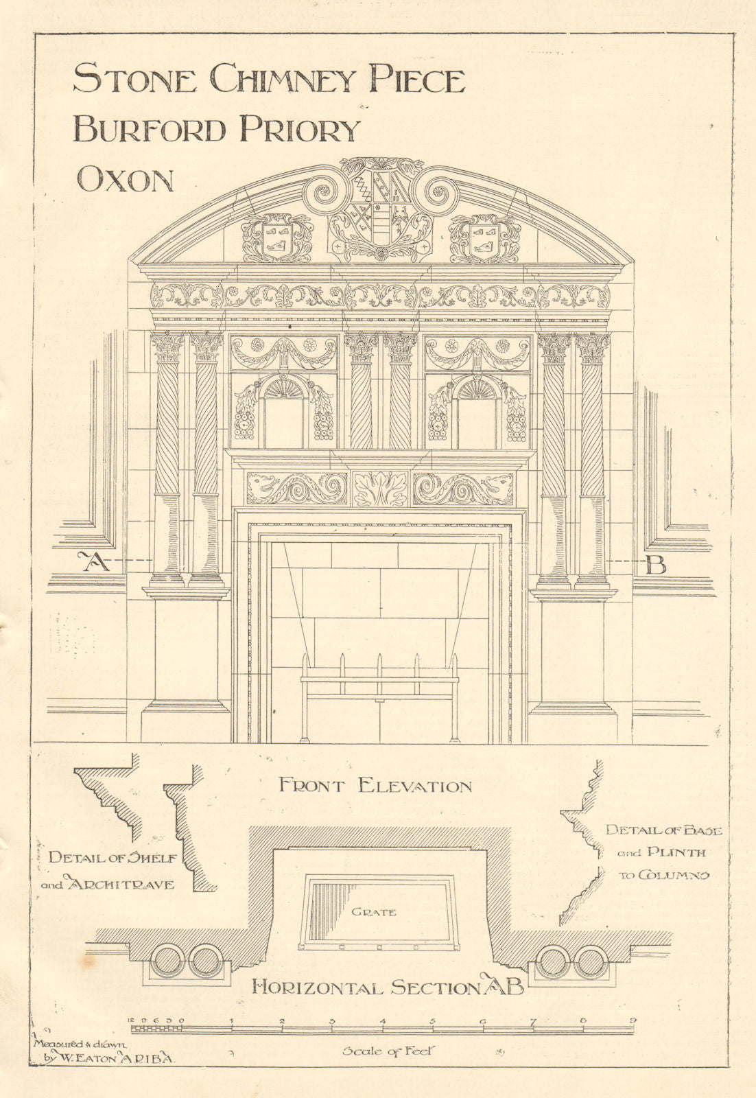 Stone chimney piece, Burford Priory. Elevation, section. Oxfordshire 1906